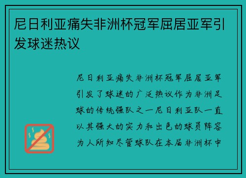 尼日利亚痛失非洲杯冠军屈居亚军引发球迷热议